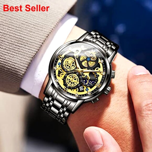 Stainless Steel Skeleton Chronograph Watch Water Resistant Luxury Business - Picture 2 of 7